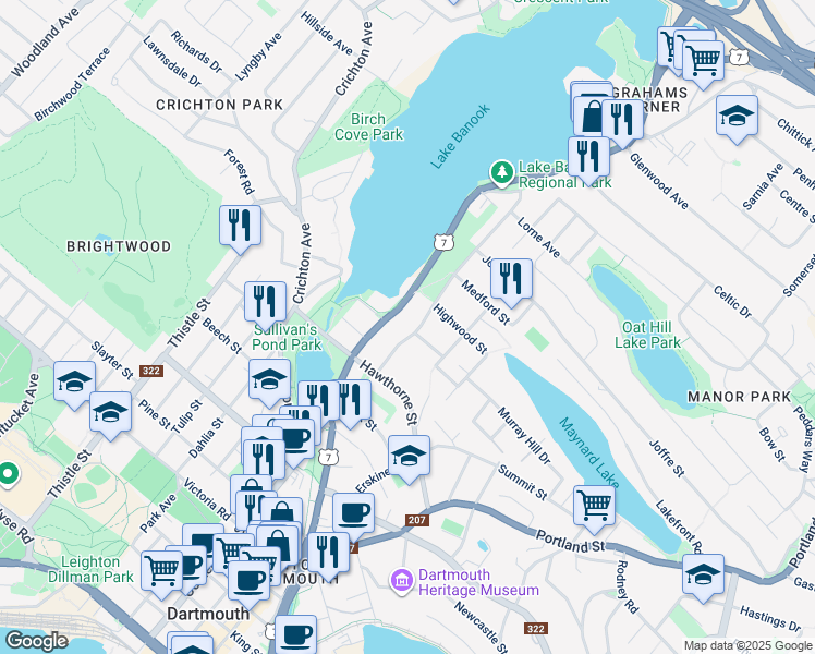 map of restaurants, bars, coffee shops, grocery stores, and more near 23 Sinclair Street in Dartmouth