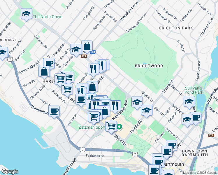 map of restaurants, bars, coffee shops, grocery stores, and more near 52 Fundy Lane in Dartmouth