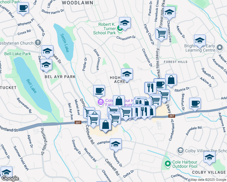 map of restaurants, bars, coffee shops, grocery stores, and more near 25 Elm Street in Dartmouth