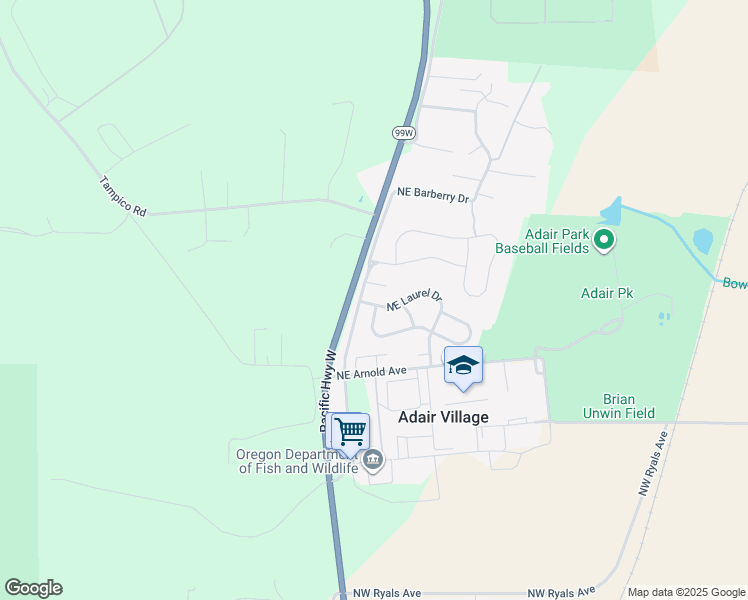 map of restaurants, bars, coffee shops, grocery stores, and more near 326 Northeast Carmen Place in Adair Village