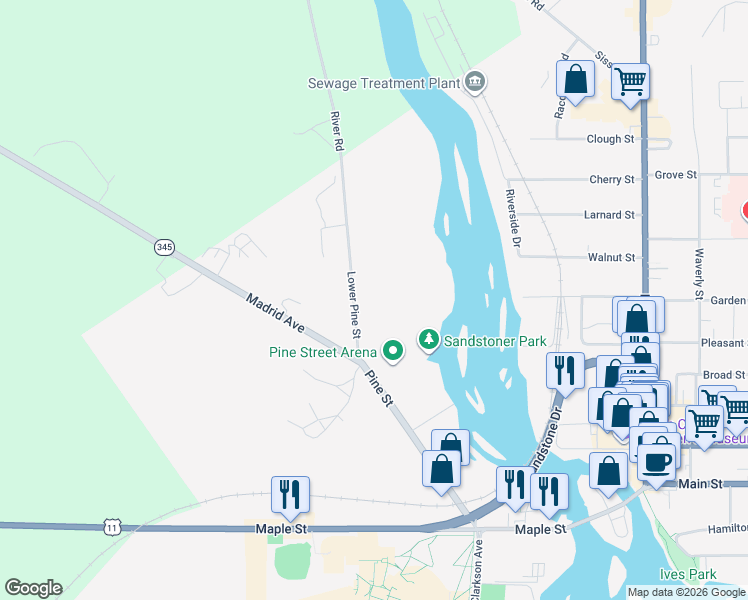 map of restaurants, bars, coffee shops, grocery stores, and more near 63 Lower Pine Street in Potsdam