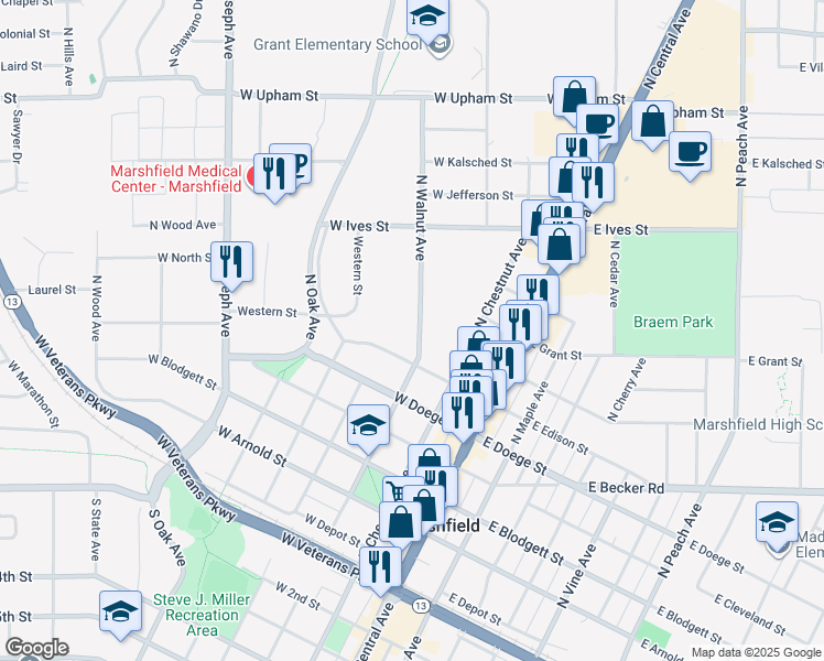 map of restaurants, bars, coffee shops, grocery stores, and more near 612 North Walnut Avenue in Marshfield