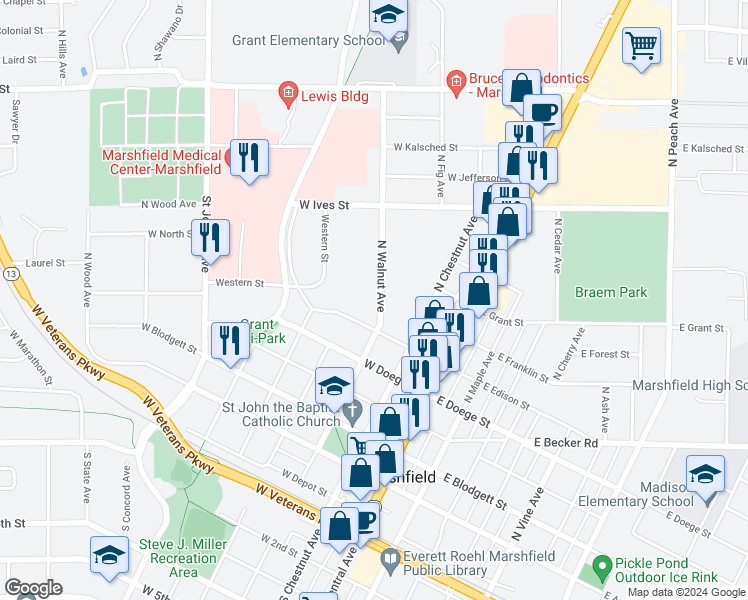 map of restaurants, bars, coffee shops, grocery stores, and more near 606 North Walnut Avenue in Marshfield