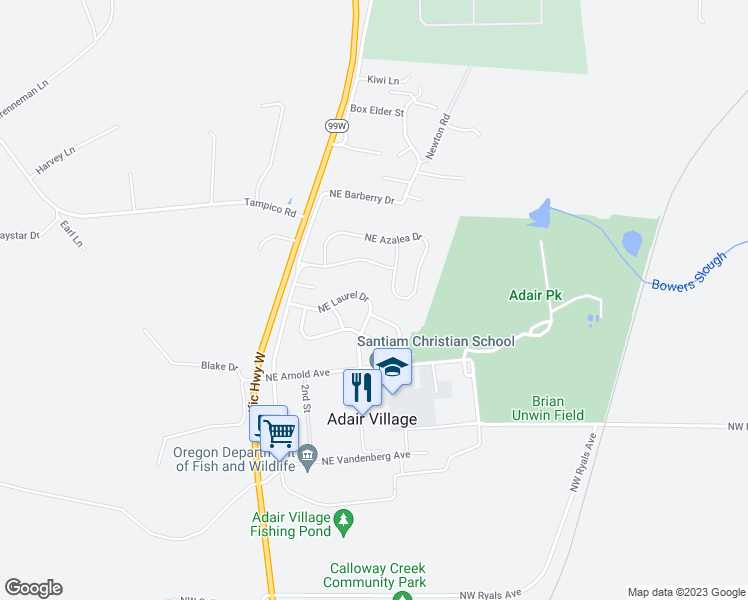 map of restaurants, bars, coffee shops, grocery stores, and more near 4212 Northeast Laurel Drive in Adair Village
