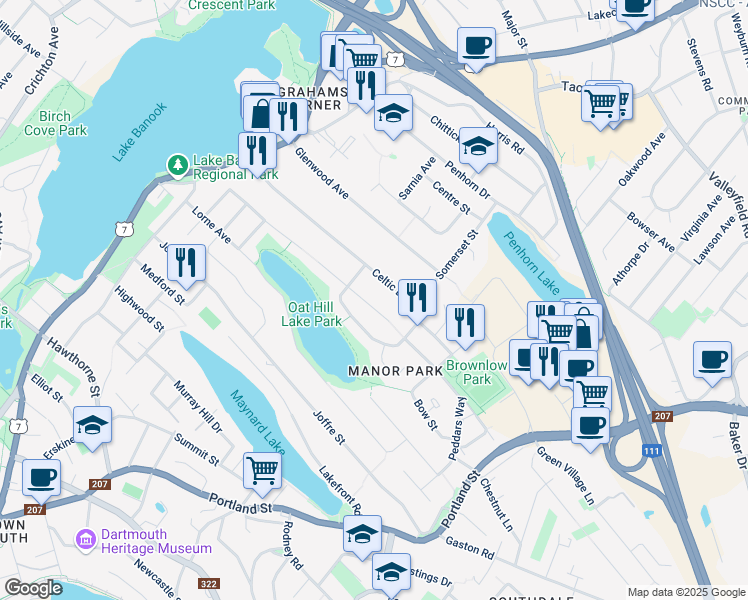 map of restaurants, bars, coffee shops, grocery stores, and more near 34 Wheatstone Heights in Dartmouth