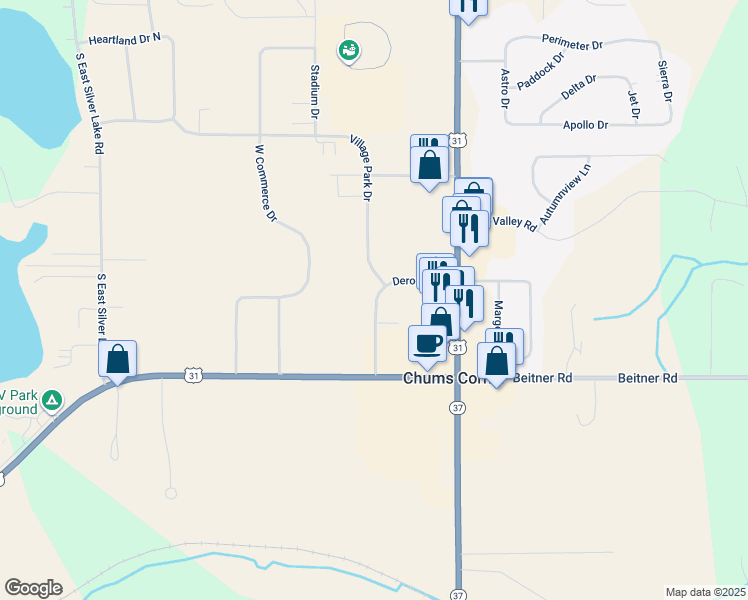 map of restaurants, bars, coffee shops, grocery stores, and more near 753 Deronda Drive in Traverse City