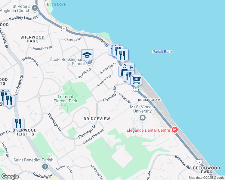 map of restaurants, bars, coffee shops, grocery stores, and more near 17 Flamingo Drive in Halifax