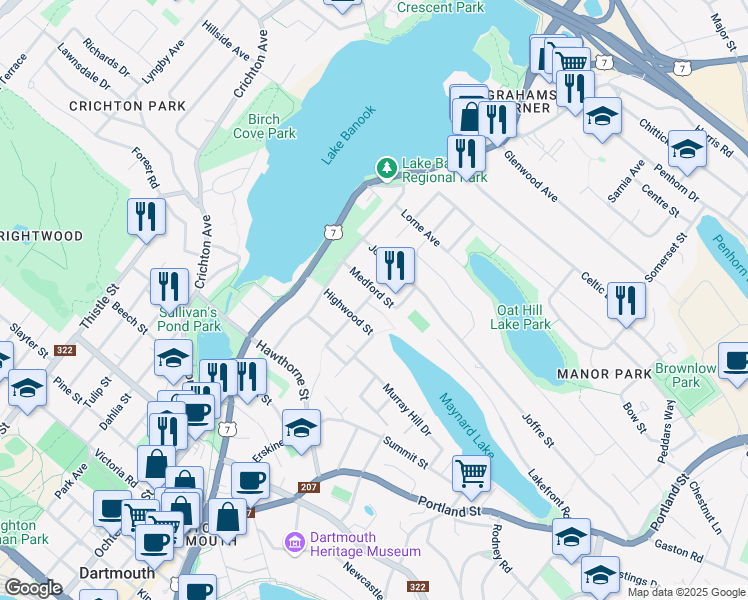map of restaurants, bars, coffee shops, grocery stores, and more near 28 Canterbury Street in Dartmouth
