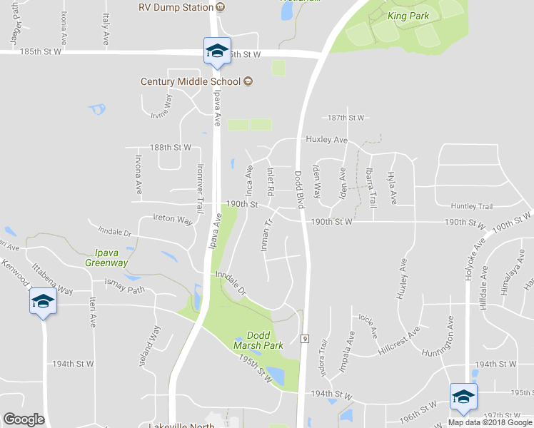 map of restaurants, bars, coffee shops, grocery stores, and more near 19053 Inman Tr in Lakeville