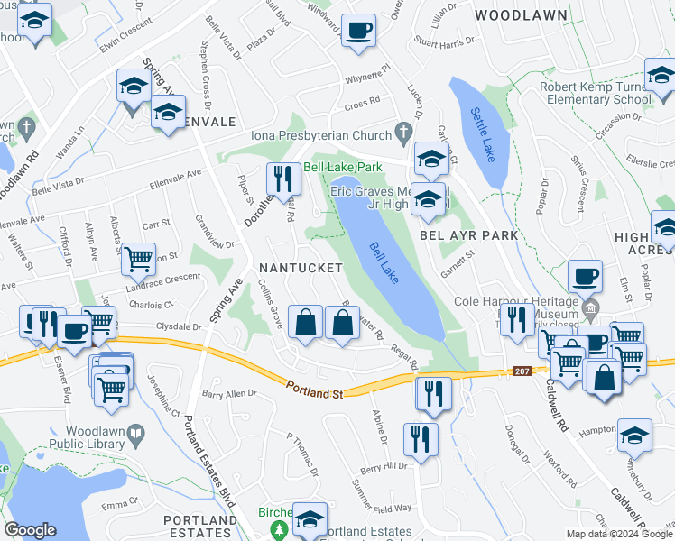 map of restaurants, bars, coffee shops, grocery stores, and more near 24 Bayswater Road in Dartmouth