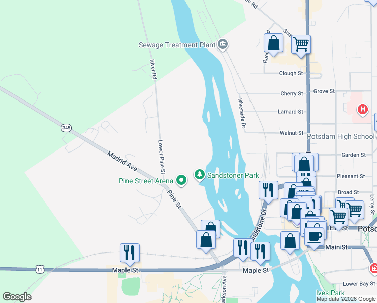 map of restaurants, bars, coffee shops, grocery stores, and more near 63 Lower Pine Street in Potsdam