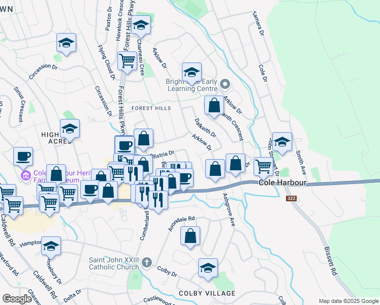 map of restaurants, bars, coffee shops, grocery stores, and more near 128 Silistria Drive in Dartmouth