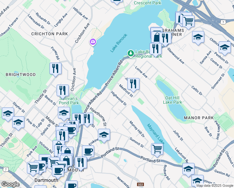 map of restaurants, bars, coffee shops, grocery stores, and more near 7 Highwood Street in Dartmouth