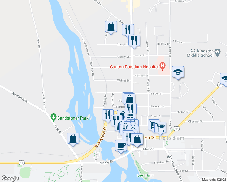 map of restaurants, bars, coffee shops, grocery stores, and more near 17 Washington Street in Potsdam