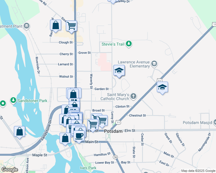 map of restaurants, bars, coffee shops, grocery stores, and more near 24 Garden Street in Potsdam