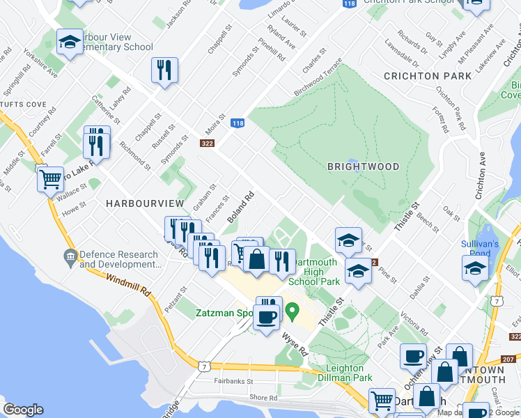 map of restaurants, bars, coffee shops, grocery stores, and more near 165 Victoria Road Extension in Dartmouth