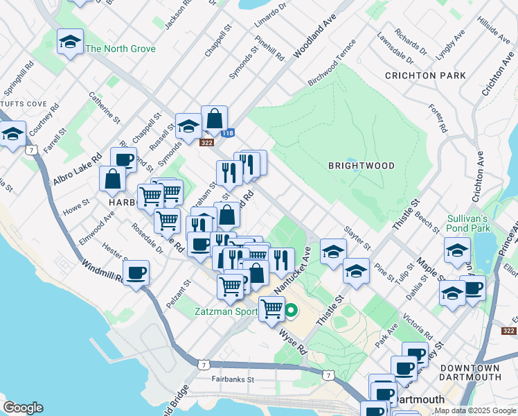 map of restaurants, bars, coffee shops, grocery stores, and more near 165 Victoria Road Extension in Dartmouth