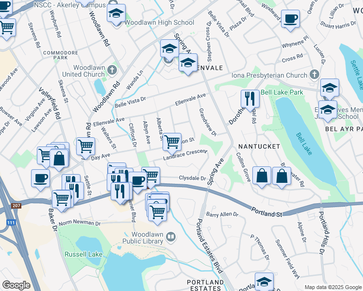 map of restaurants, bars, coffee shops, grocery stores, and more near 27 Anderson Street in Dartmouth