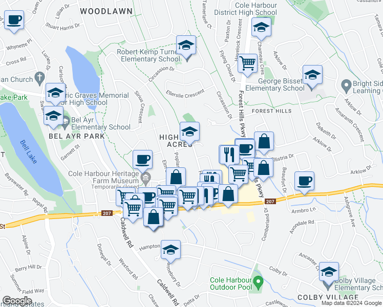 map of restaurants, bars, coffee shops, grocery stores, and more near 30 Hugh Allen Drive in Dartmouth