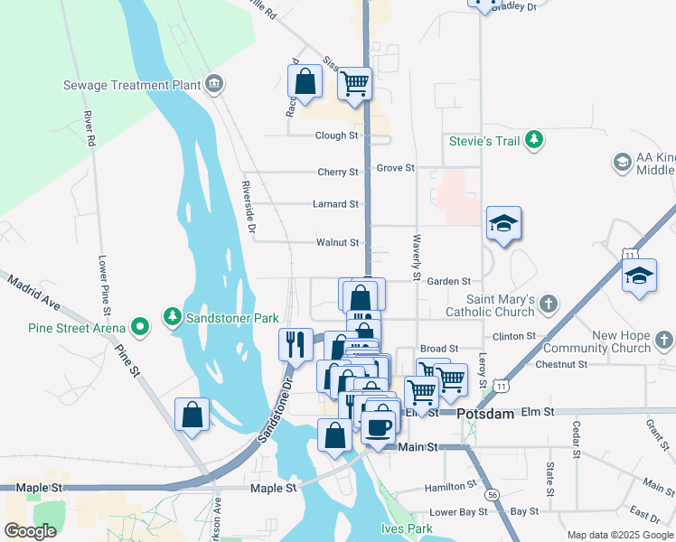 map of restaurants, bars, coffee shops, grocery stores, and more near 5 Washington St in Potsdam