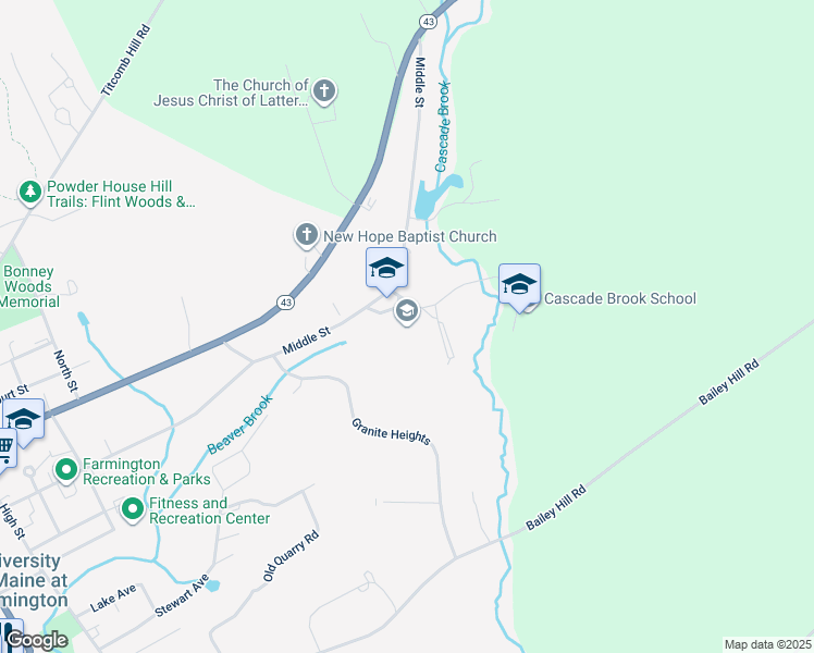 map of restaurants, bars, coffee shops, grocery stores, and more near 269 Middle Street in Farmington
