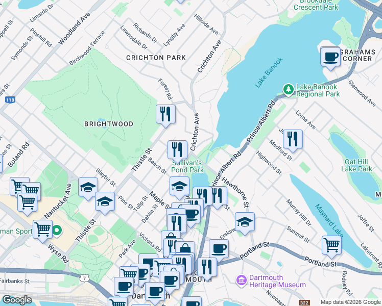 map of restaurants, bars, coffee shops, grocery stores, and more near 2 Crichton Avenue in Dartmouth