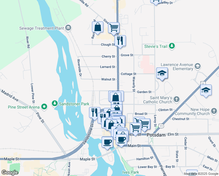 map of restaurants, bars, coffee shops, grocery stores, and more near 5 Washington Street in Potsdam