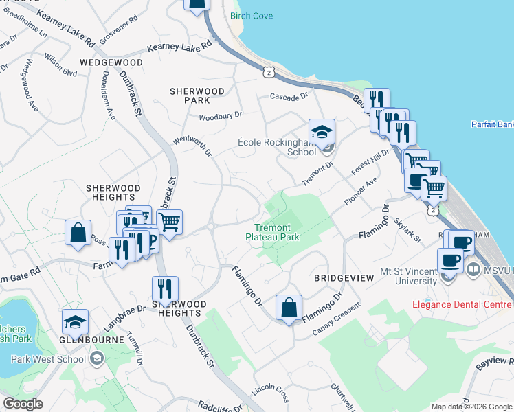 map of restaurants, bars, coffee shops, grocery stores, and more near 84 Eliza Ritchie Crescent in Halifax