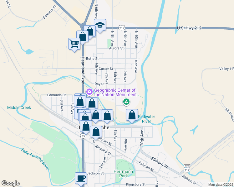 map of restaurants, bars, coffee shops, grocery stores, and more near 700-798 Edmunds Street in Belle Fourche