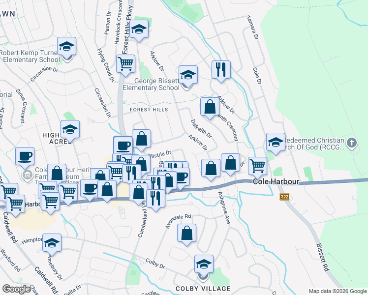 map of restaurants, bars, coffee shops, grocery stores, and more near 120 Silistria Drive in Dartmouth