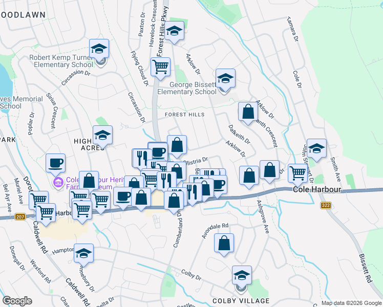 map of restaurants, bars, coffee shops, grocery stores, and more near 56 Merrimac Drive in Dartmouth