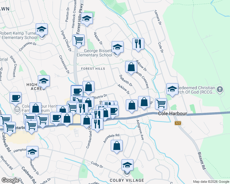 map of restaurants, bars, coffee shops, grocery stores, and more near 120 Silistria Drive in Dartmouth