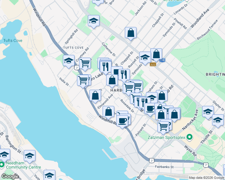 map of restaurants, bars, coffee shops, grocery stores, and more near 45 Elmwood Avenue in Dartmouth
