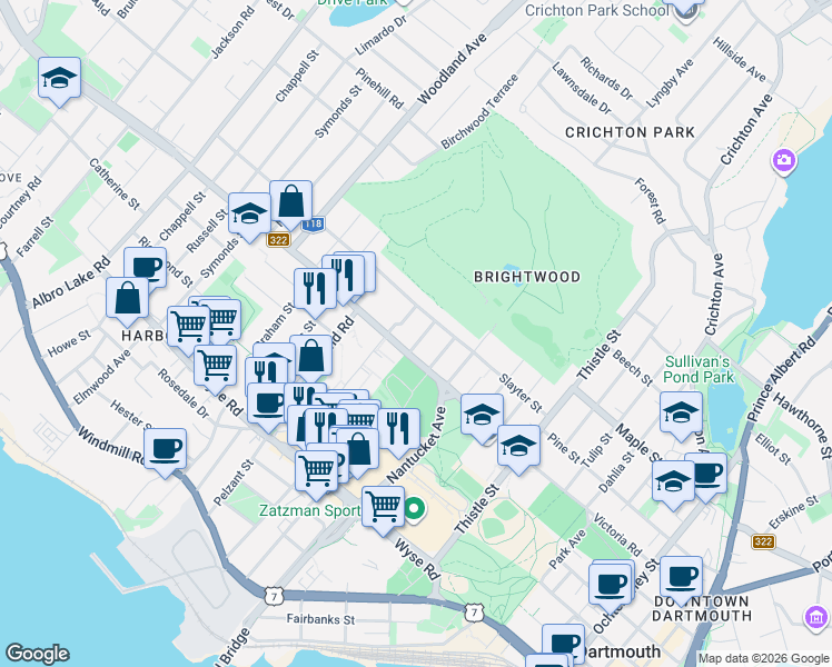 map of restaurants, bars, coffee shops, grocery stores, and more near 3 Garden Drive in Dartmouth