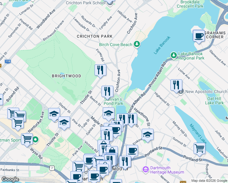 map of restaurants, bars, coffee shops, grocery stores, and more near 75 Crichton Avenue in Dartmouth