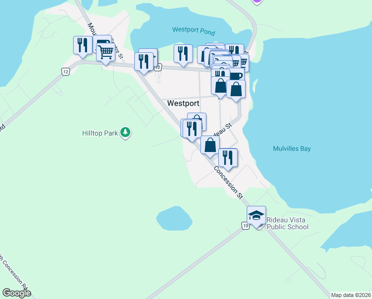 map of restaurants, bars, coffee shops, grocery stores, and more near 52b Concession Street in Westport