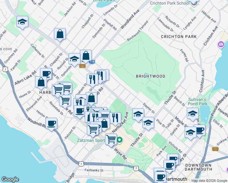 map of restaurants, bars, coffee shops, grocery stores, and more near 154 Victoria Road in Dartmouth