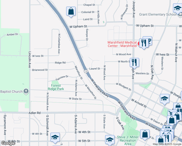 map of restaurants, bars, coffee shops, grocery stores, and more near 1207 West Veterans Parkway in Marshfield