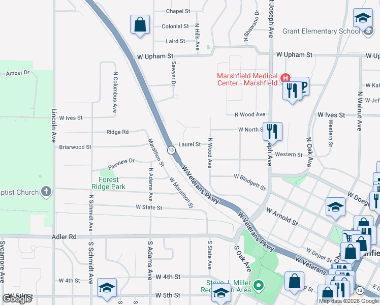 map of restaurants, bars, coffee shops, grocery stores, and more near 1207 West Veterans Parkway in Marshfield