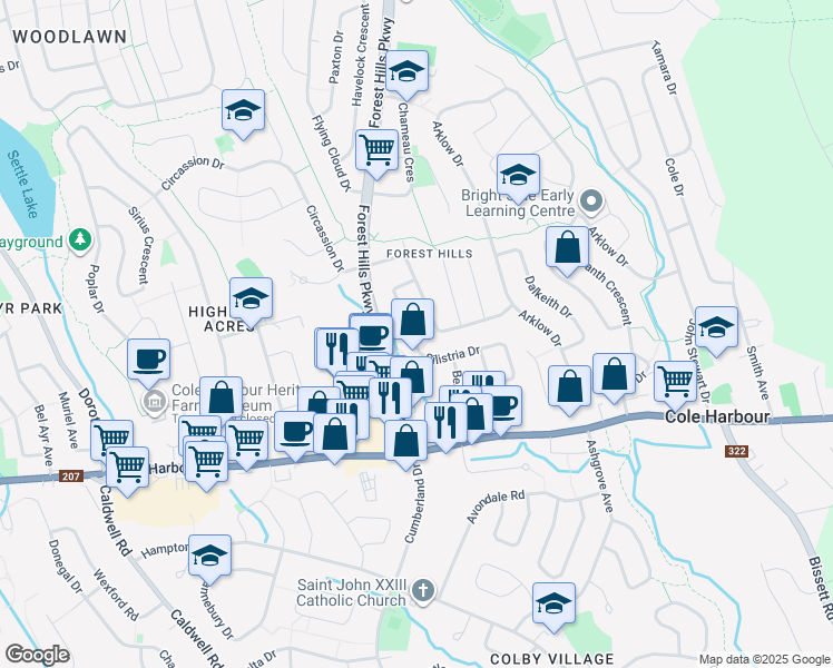 map of restaurants, bars, coffee shops, grocery stores, and more near 52 Silistria Drive in Dartmouth