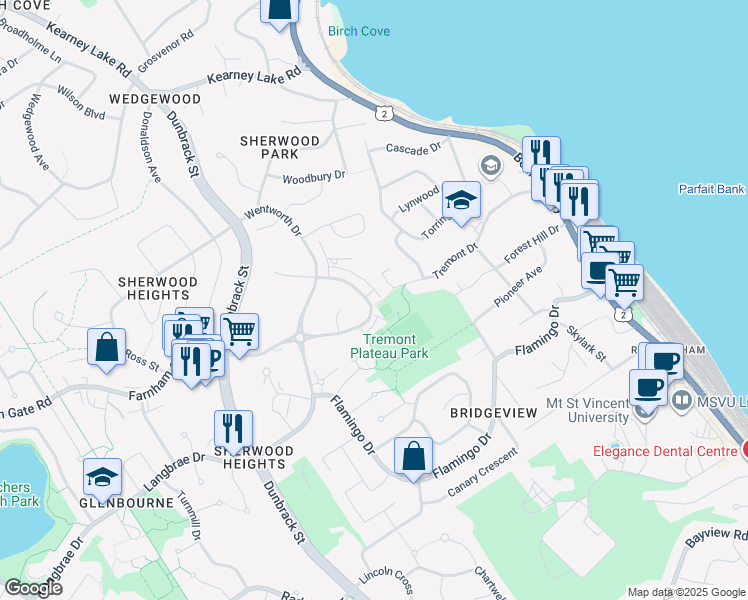 map of restaurants, bars, coffee shops, grocery stores, and more near 91 Eliza Ritchie Crescent in Halifax