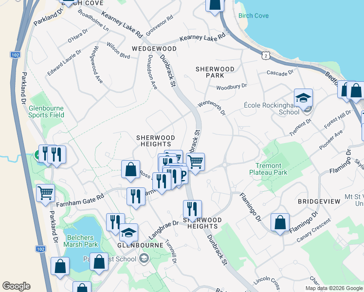 map of restaurants, bars, coffee shops, grocery stores, and more near Douglas Crescent in Halifax
