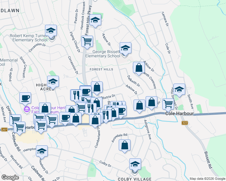 map of restaurants, bars, coffee shops, grocery stores, and more near 30 Merrimac Drive in Dartmouth