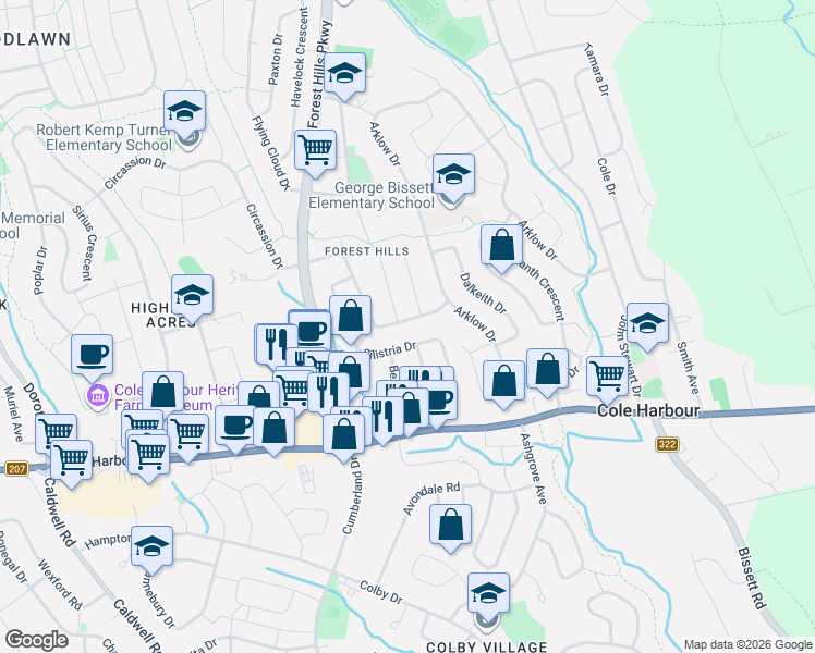 map of restaurants, bars, coffee shops, grocery stores, and more near 30 Merrimac Drive in Dartmouth