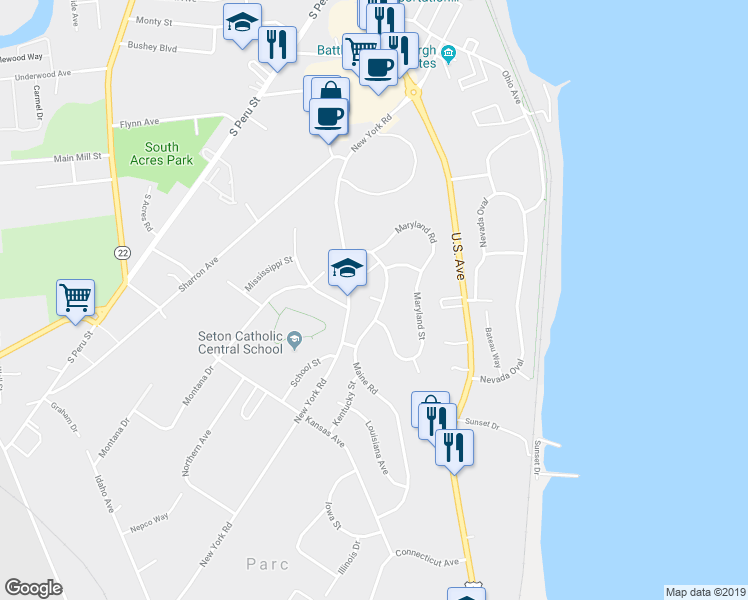 map of restaurants, bars, coffee shops, grocery stores, and more near 3 Caitlin Way in Plattsburgh