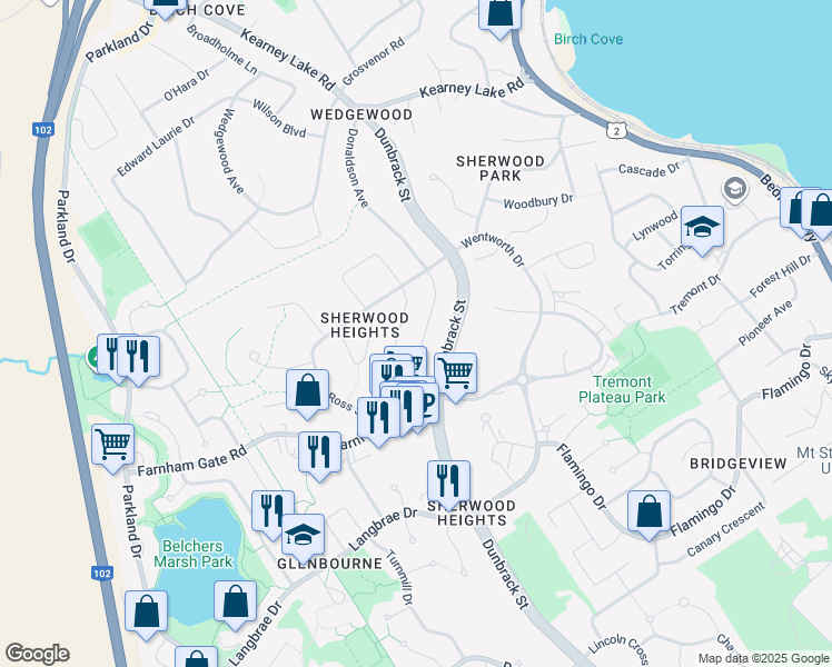 map of restaurants, bars, coffee shops, grocery stores, and more near 91 Douglas Crescent in Halifax