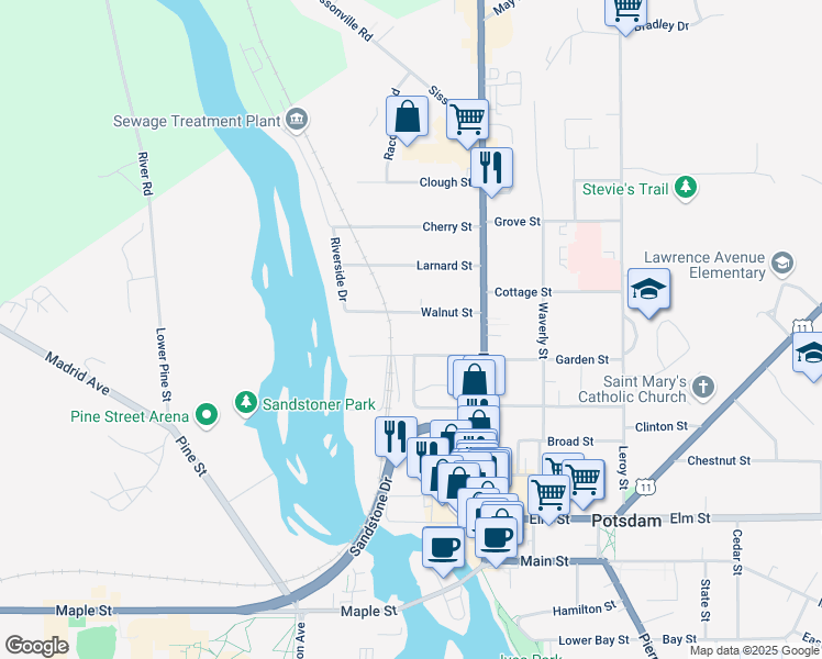 map of restaurants, bars, coffee shops, grocery stores, and more near 17 Washington St in Potsdam