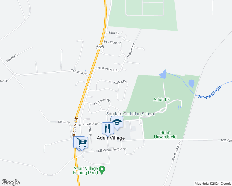 map of restaurants, bars, coffee shops, grocery stores, and more near 134 Northeast Columbia Avenue in Adair Village