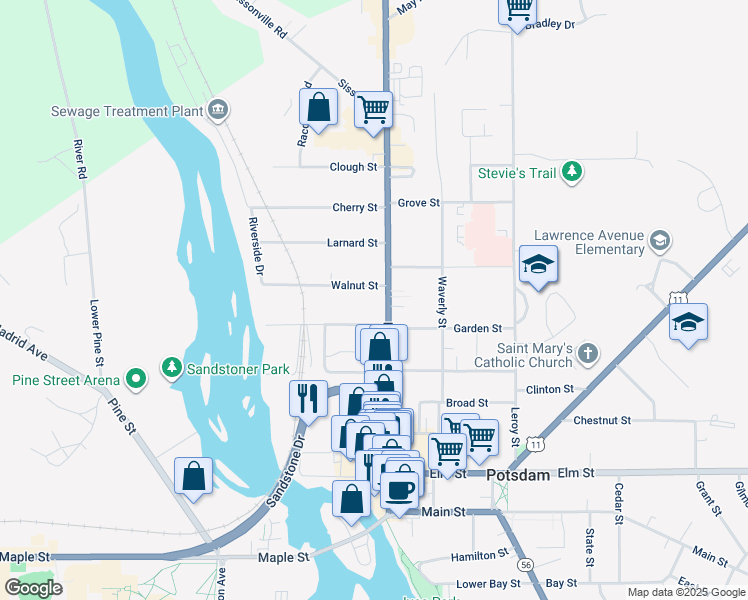 map of restaurants, bars, coffee shops, grocery stores, and more near 99 Market Street in Potsdam