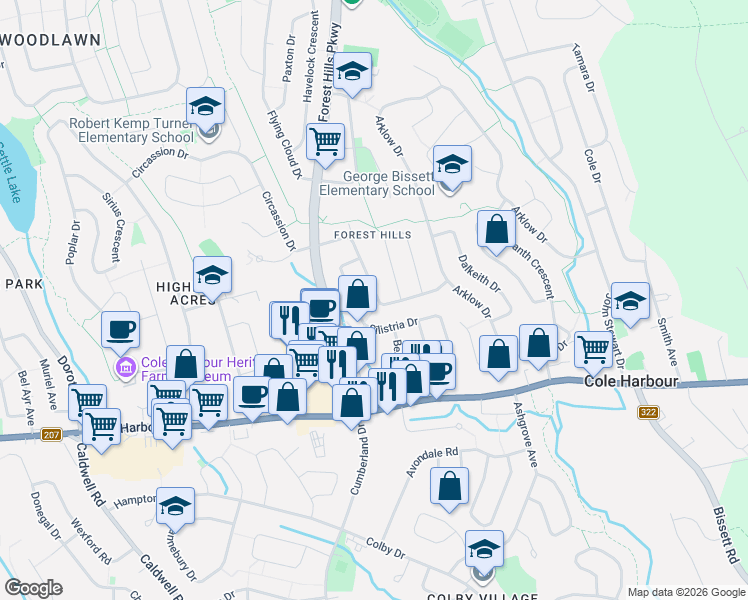 map of restaurants, bars, coffee shops, grocery stores, and more near 76 Merrimac Drive in Dartmouth